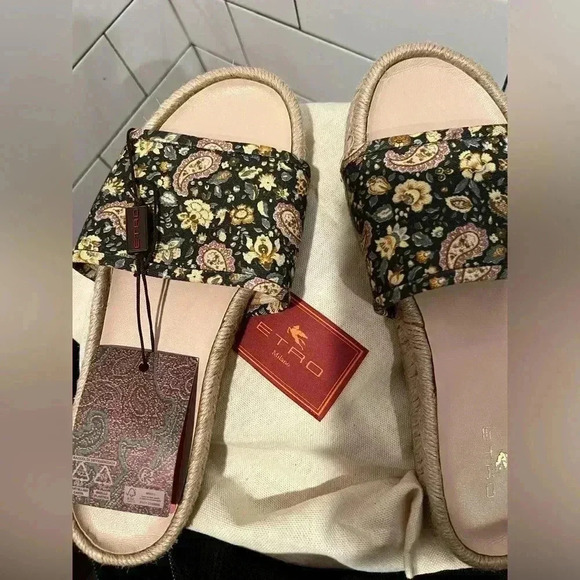 NWT Etro Canvas Floral Paisley Print Espadrilles Slides Black EU 38 US 7 1/2 - Picture 2 of 4